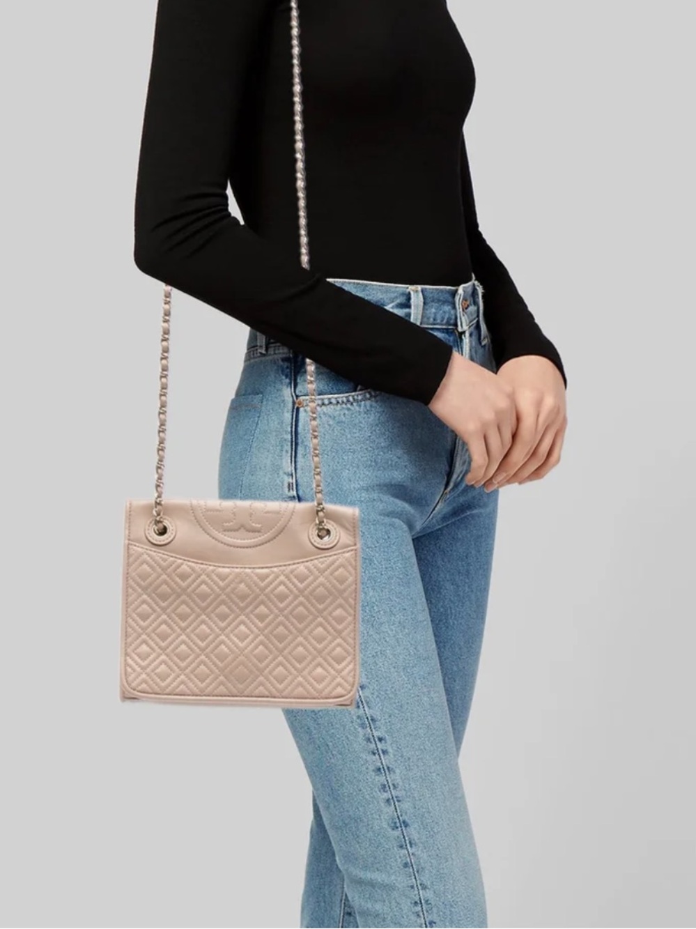 Tory Burch Quilted Leather Chain Shoulder Bag in Blush Pink with Gold Hardware
